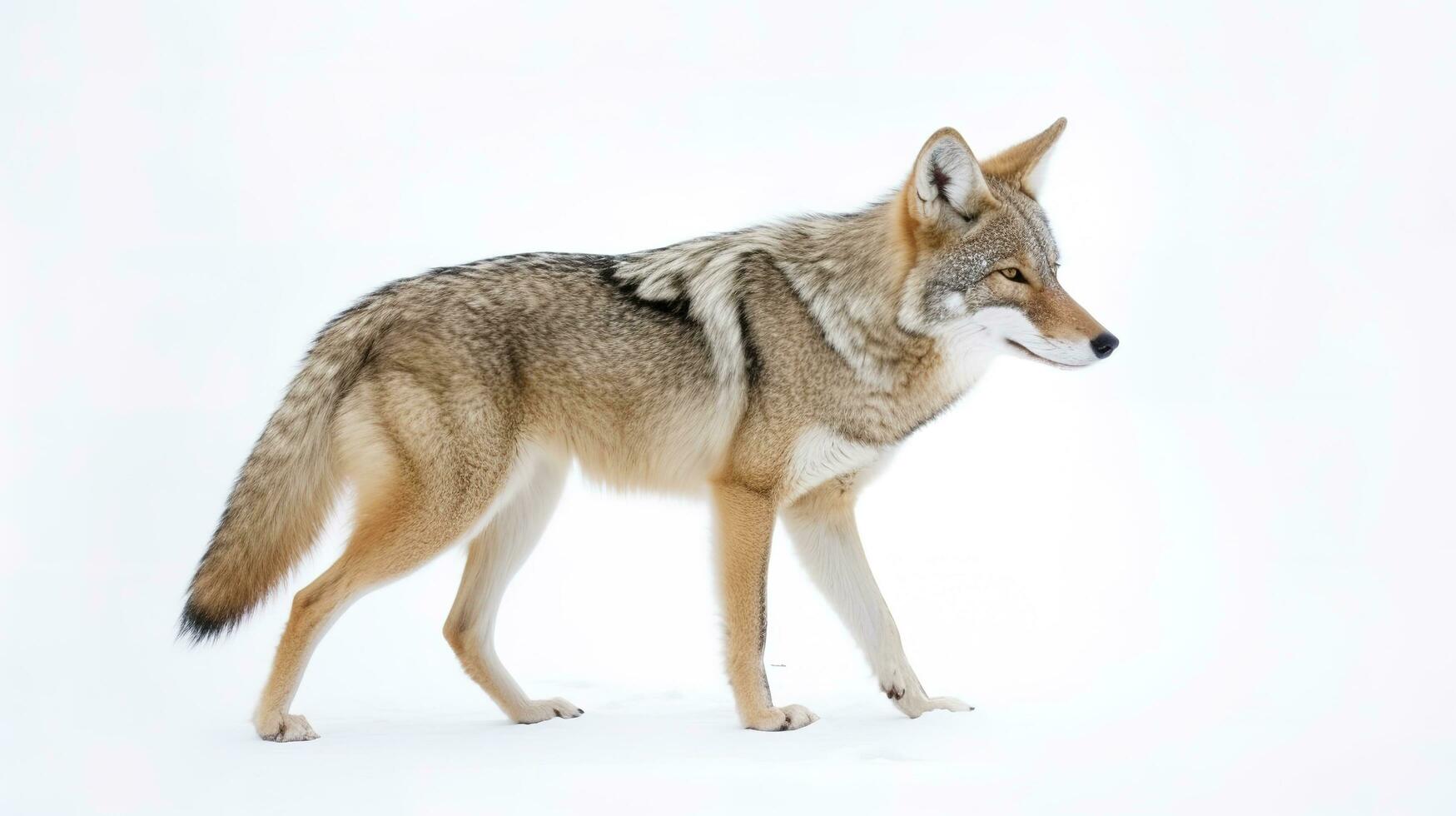A lone coyote Canis latrans isolated on white background walking and hunting in the winter snow in Canada, generate ai photo
