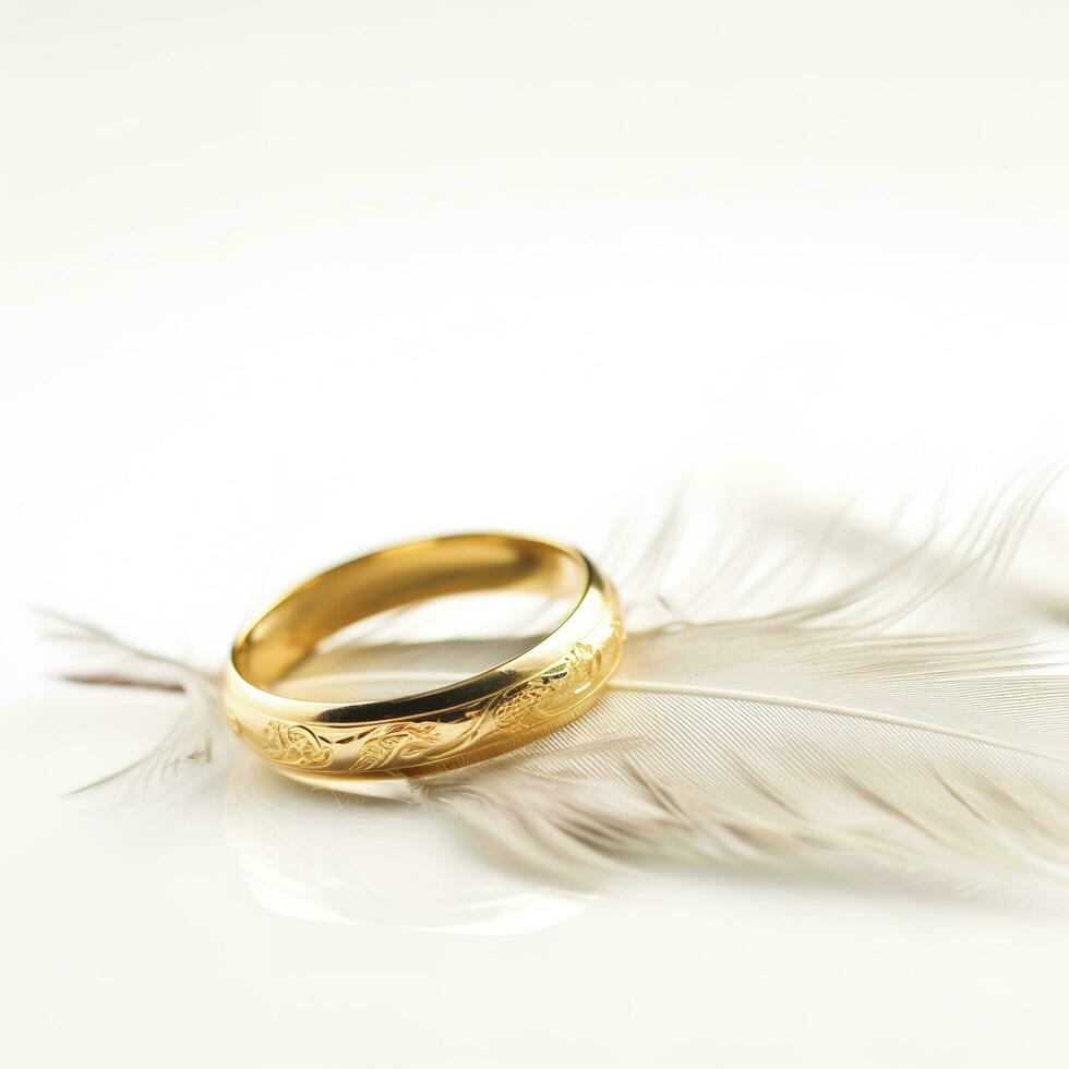 Two Golden Wedding Rings and Feather - light soft background , generat ai photo