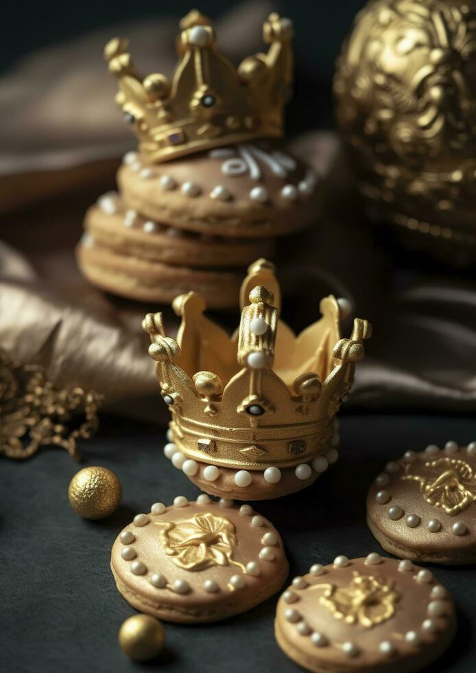Golden crown mascot. Vector illustration isolated on white background. Good for logos, icons, posters, stickers, generate ai photo