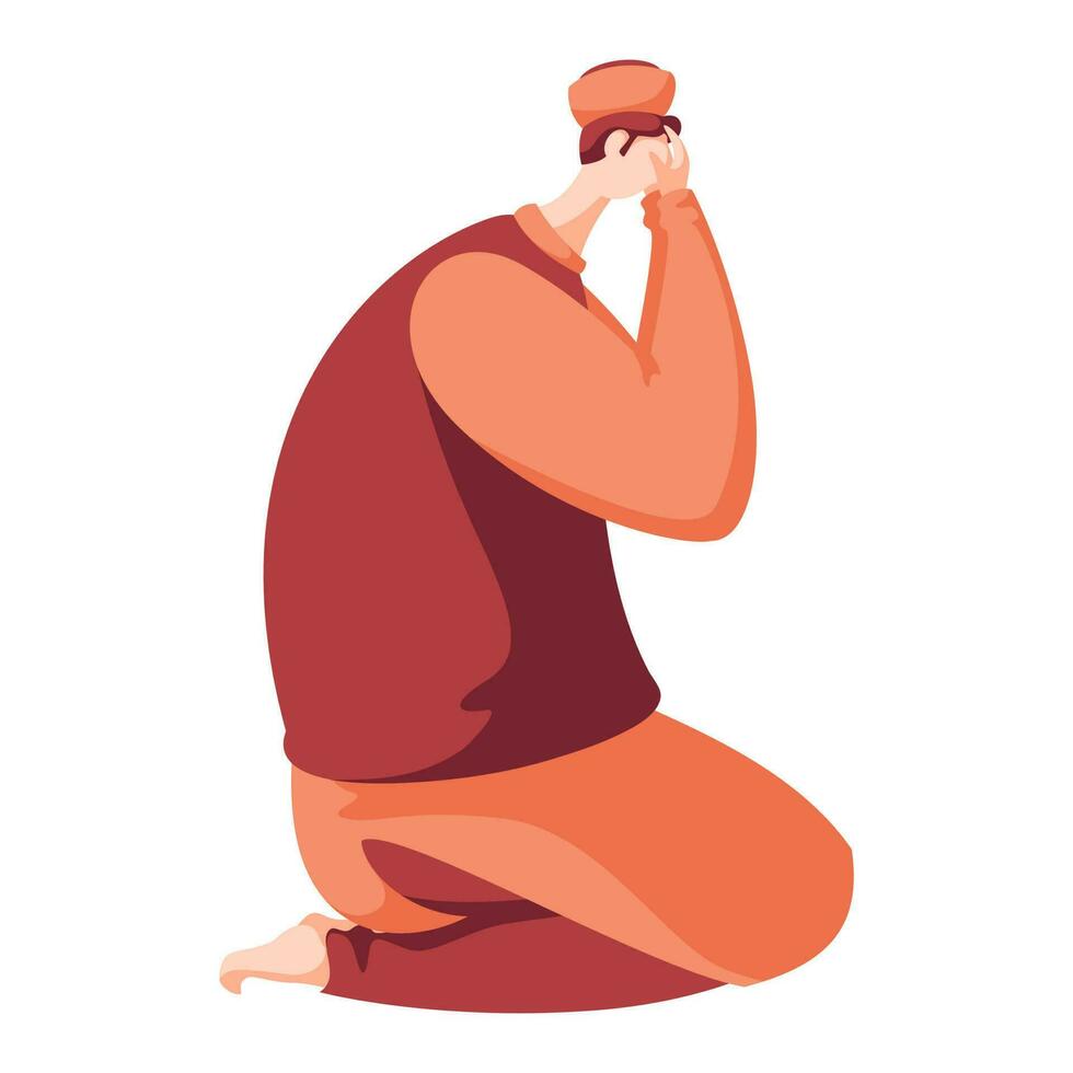 Muslim Man Doing Prayer Namaz in Sitting Pose. vector