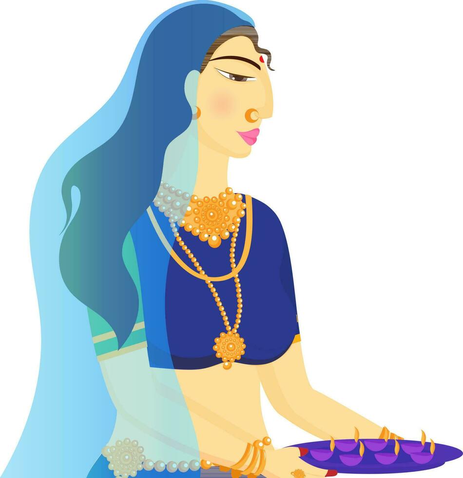 Beautiful Indian woman holding plate of oil lamp Diya. vector