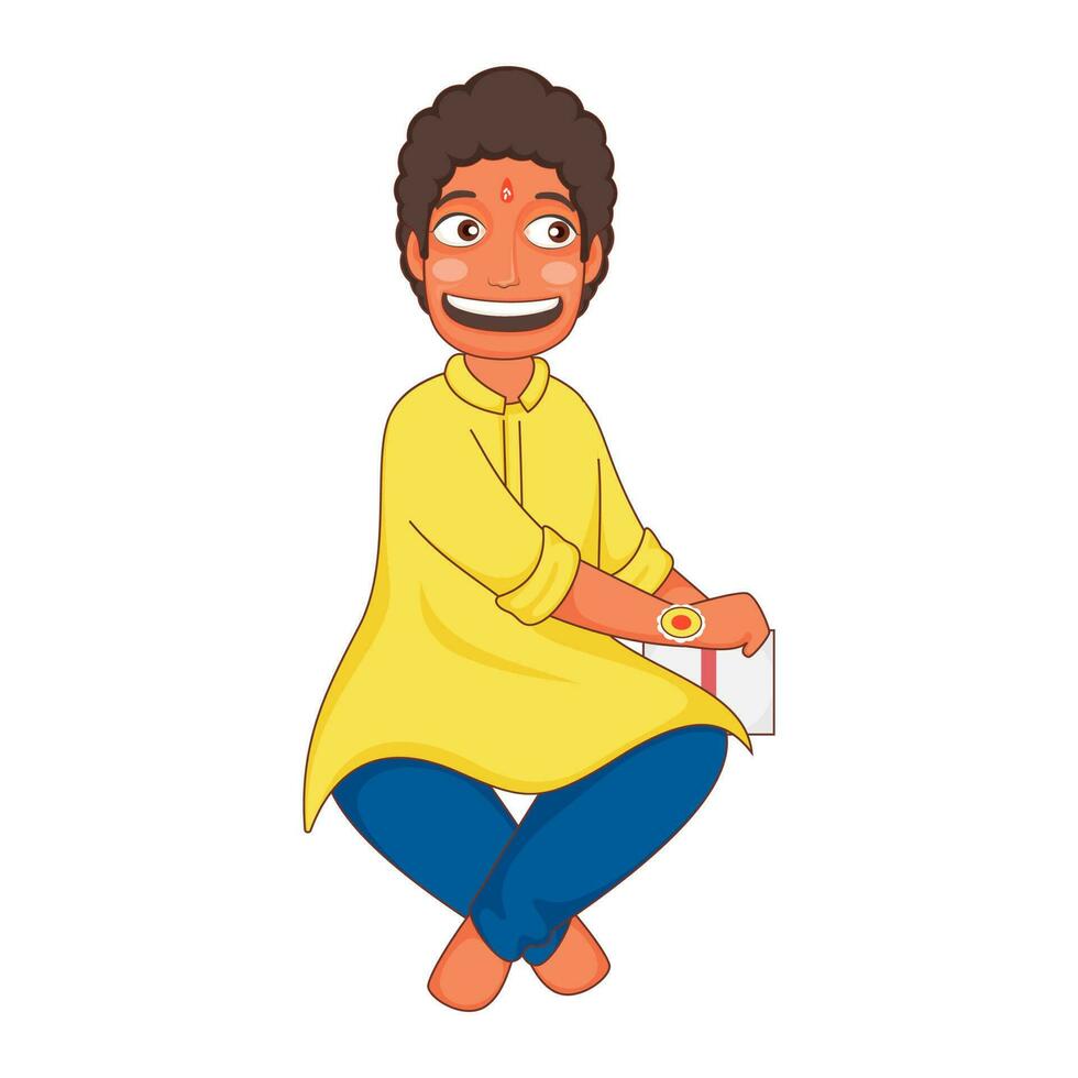 Hide Gift box Cartoon Boy Binding Hand RakhiWristband in Sitting Pose. vector