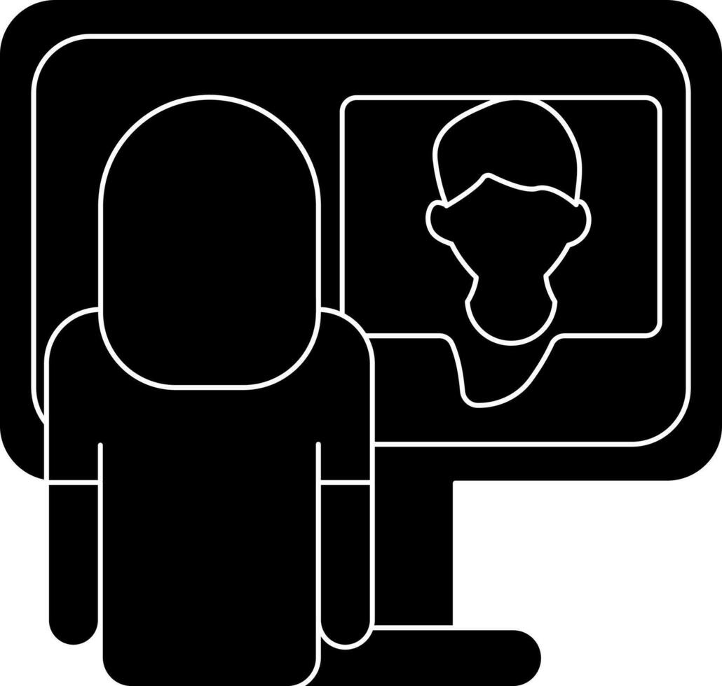 Back View of Woman Video Conference from Monitor icon in black and white color. vector