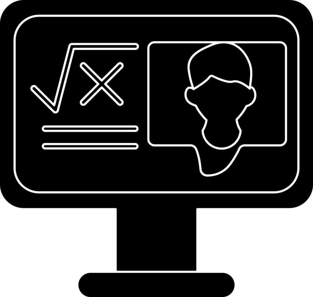 black and white illustration of Math Teacher in Monitor Screen icon for Elearning or Online Education. vector