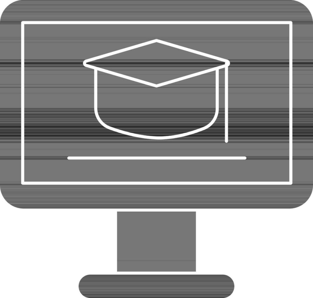black and white Graduation Cap in Monitor Screen icon for Online Learning or Education. vector