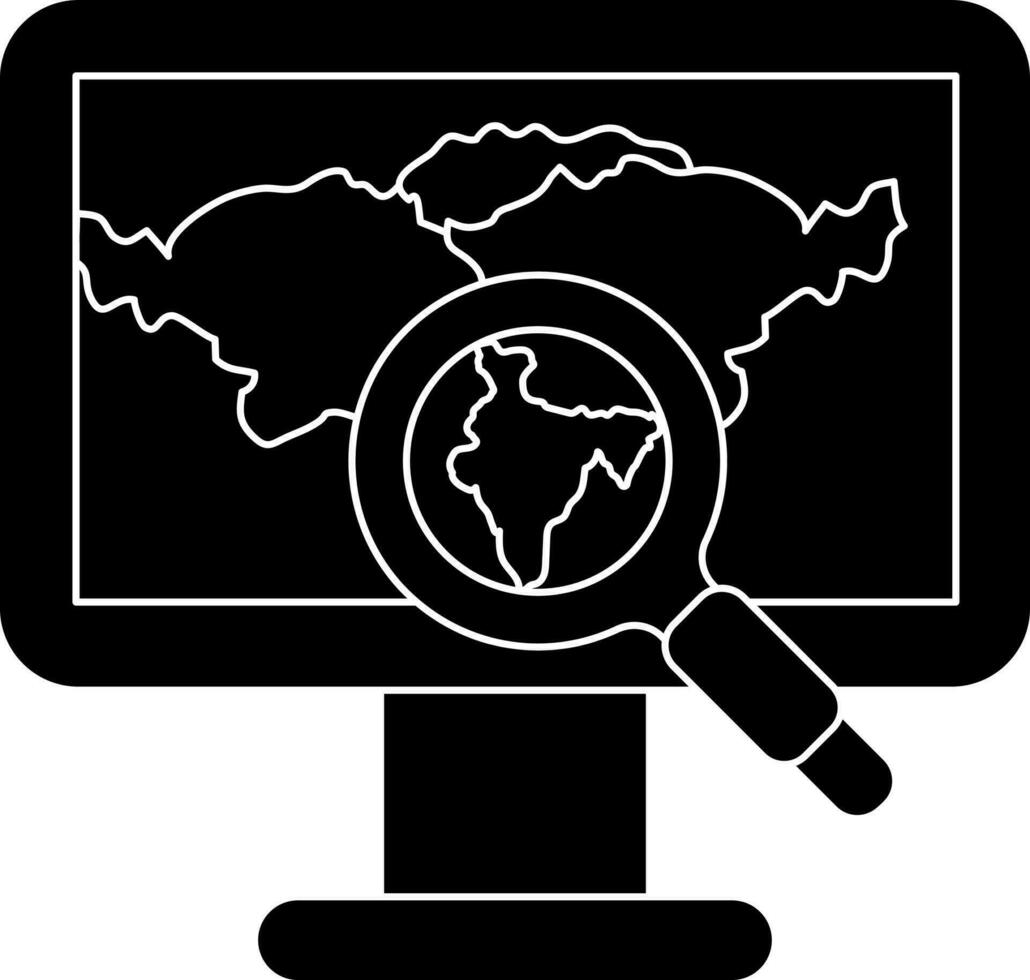 black and white Indian Map Searching in Monitor Screen icon. vector