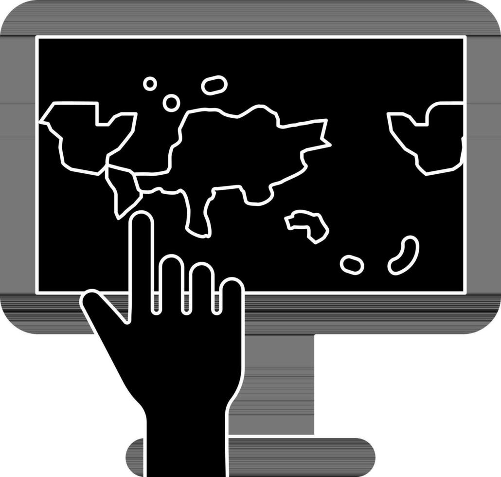 mano toque mundo mapa monitor pantalla icono en negro y blanco color. vector