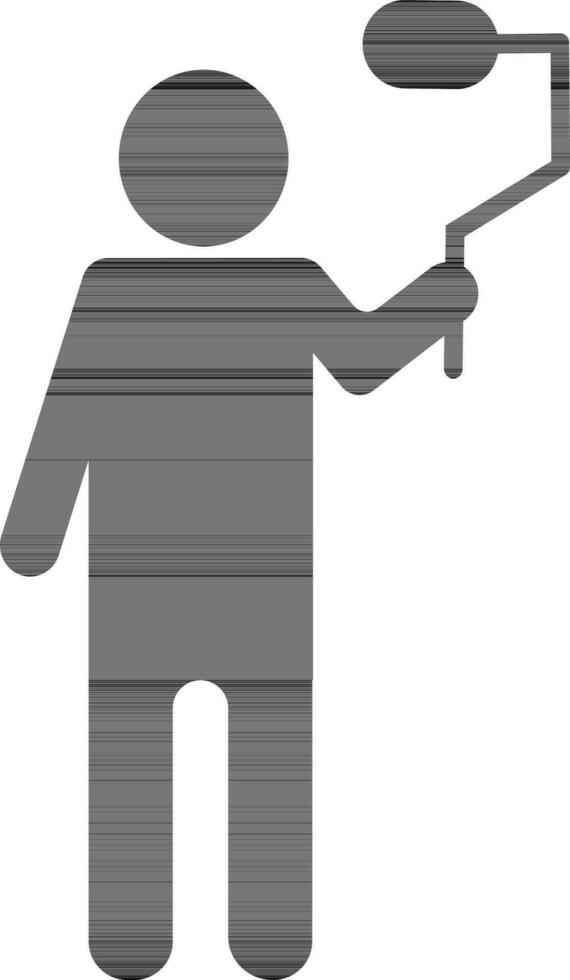 Character of black faceless man holding painting roller brush. vector