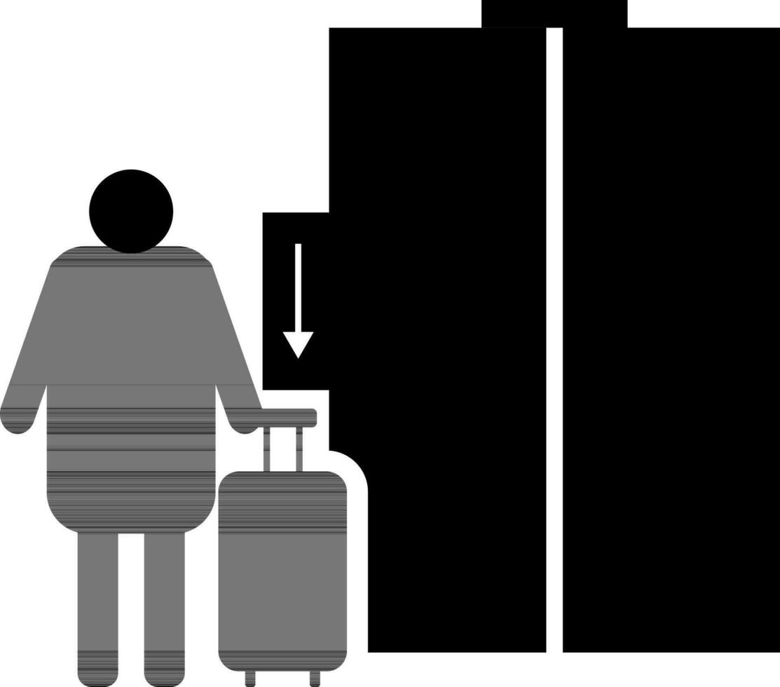 turista hombre en pie frente de ascensor glifo icono. vector