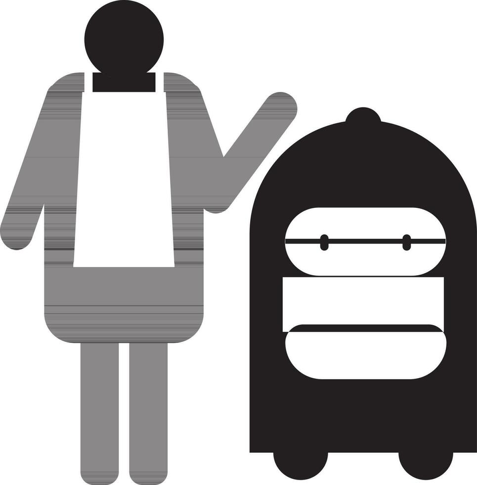 Bellboy with luggage trolly icon in black and white color. vector