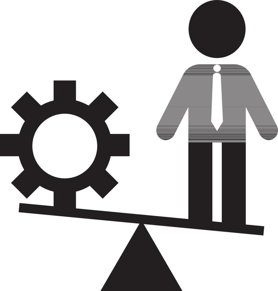 Character of faceless man standing on balance scale with cog wheel. vector