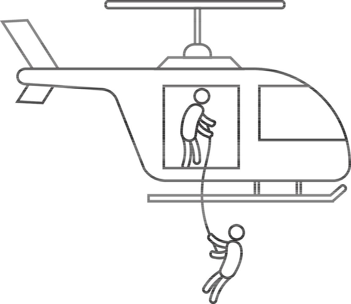 Character of man climbing wiith rope on helicopter. vector