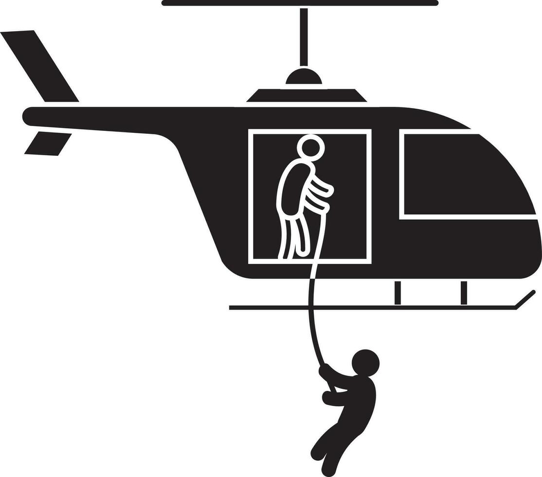 Character of man climbing wiith rope on helicopter. vector