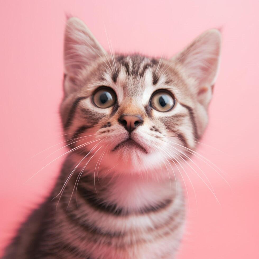 Closeup cute little cat on pink pastel background photo
