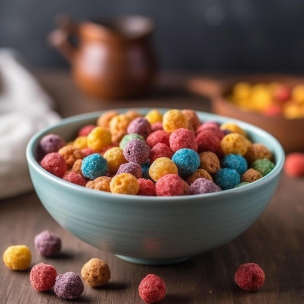 Cereal in breakfast bowl filled with mixtures photo