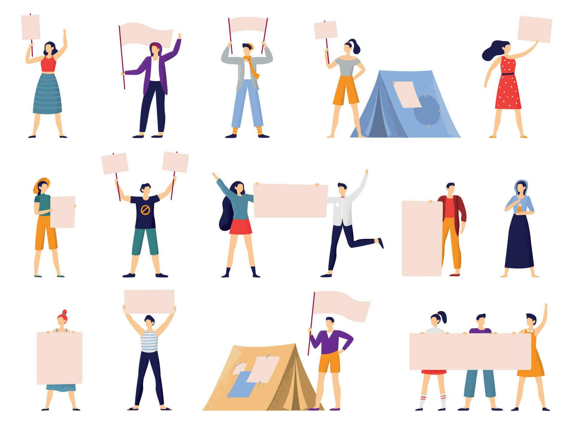 Protesters people. Peaceful protest march, activist holding banner or