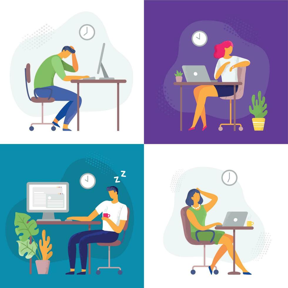 trabajando tarde. tiempo extraordinario trabajar, ocupado trabajador obsesivo trabajador y empleados con oficina computadoras portátiles fecha límite plano vector ilustración conjunto