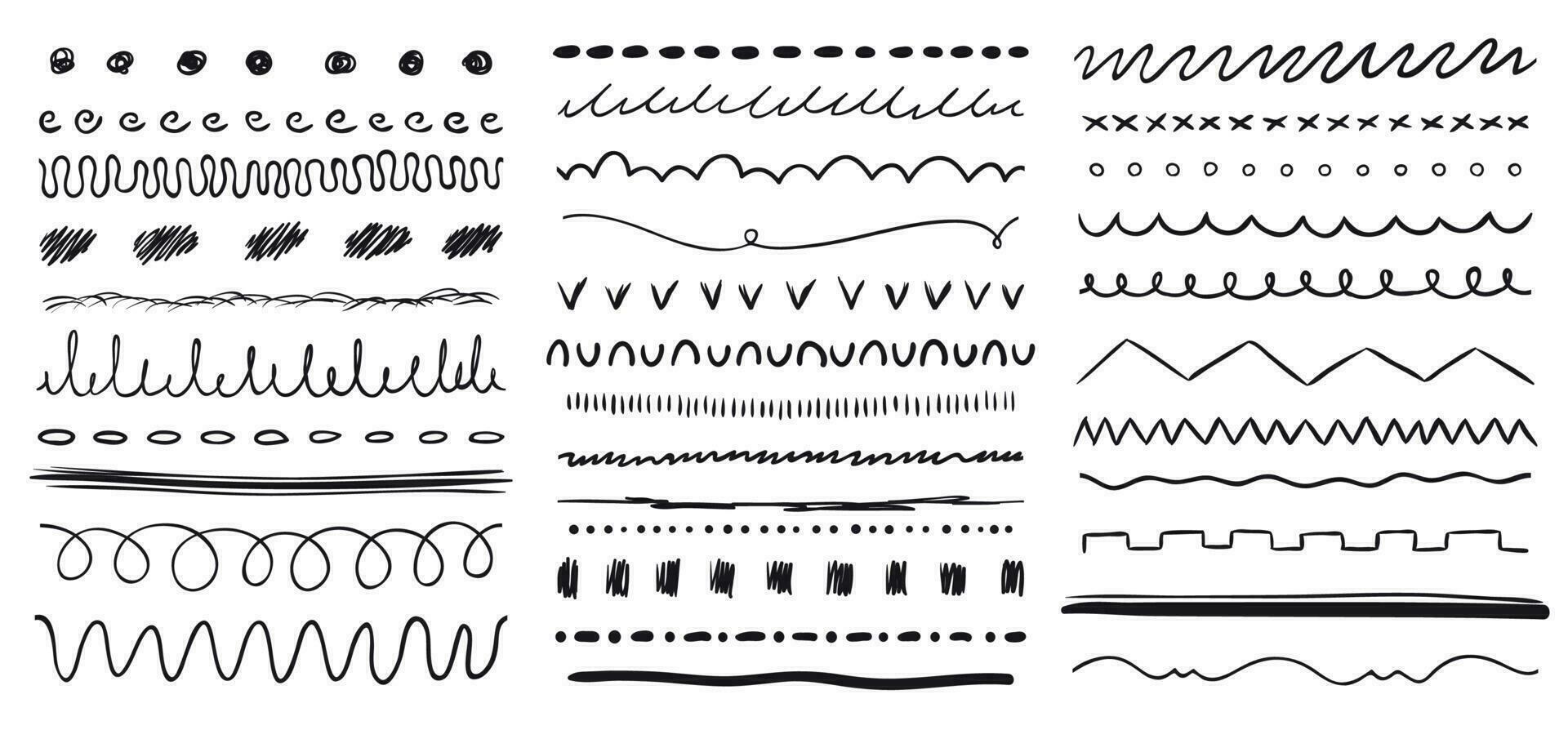 Hand drawn line. Ink pen drawing lines, underline brush and pencil strokes brushes vector elements set