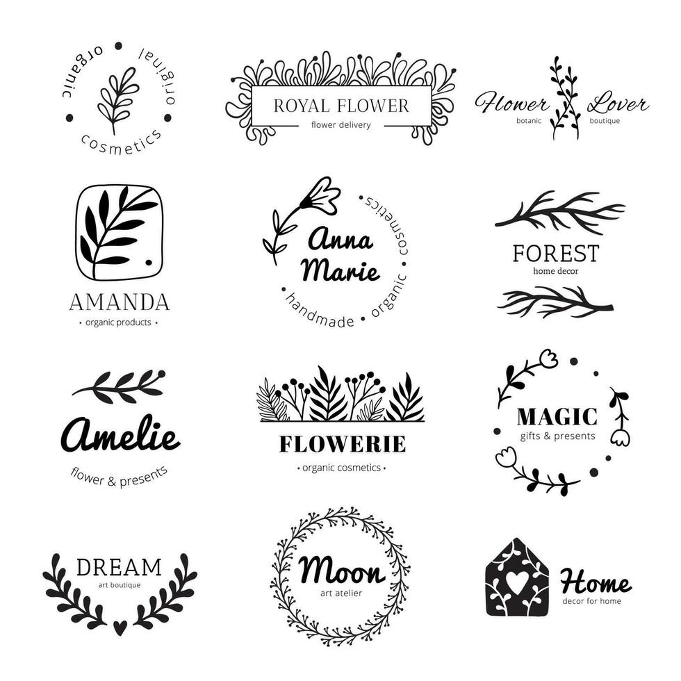 Floral ornament logo. Laurel leaves wreath frame, doodle flower leaf label and vintage flowers ornaments badges isolated vector set