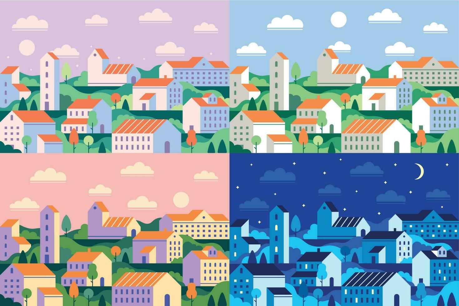 Minimal style town. Geometric minimalist city, daytime cityscape and night townscape flat vector illustration