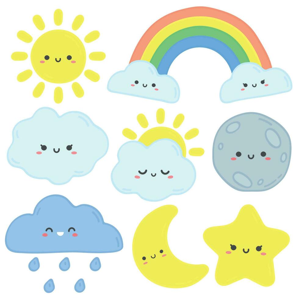 Cute sky. Happy sun, funny moon and hand drawn star. Nursery sleep clouds, baby rainbow and night stars cartoon vector illustration