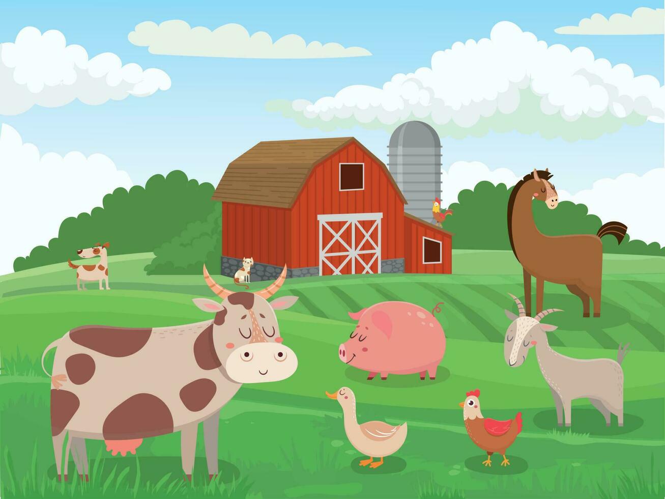 granja animales pueblo animal granjas, vacas rojo granero y vacas campo paisaje dibujos animados vector ilustración