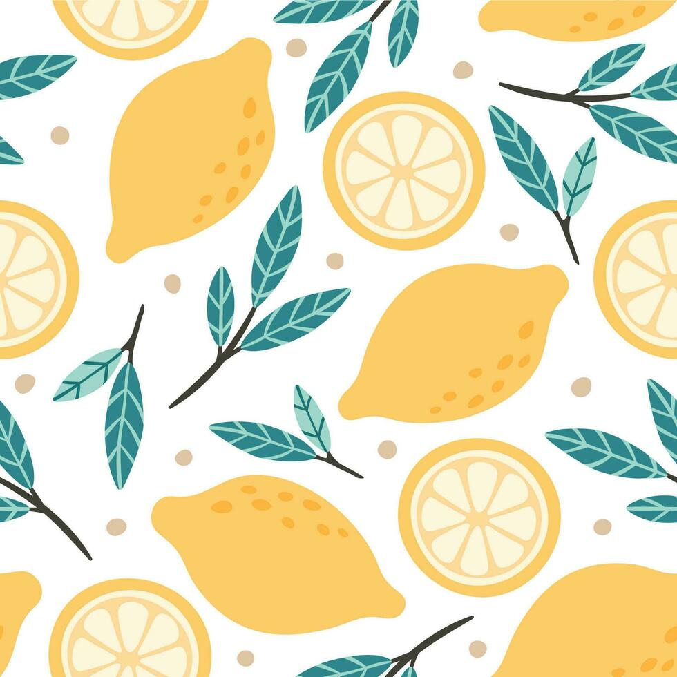 Seamless lemon pattern. Hand drawn doodle citrus mix, lemons slises and green leaves vector background illustration