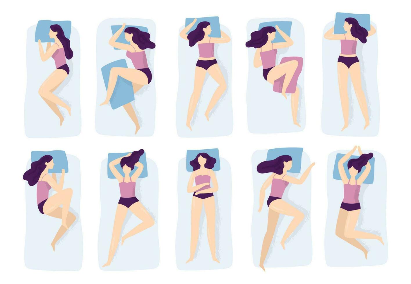 Girl sleeping poses. Various sleep pose with hand on pillow case. Sleep position isolated vector illustration