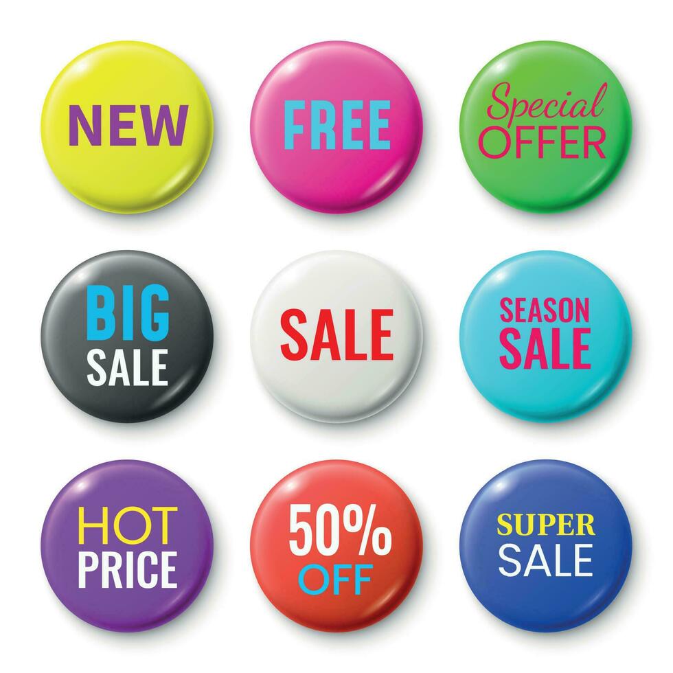 Sale badges buttons. Special offer shop button, red new badge and season sale sticker circle isolated vector set