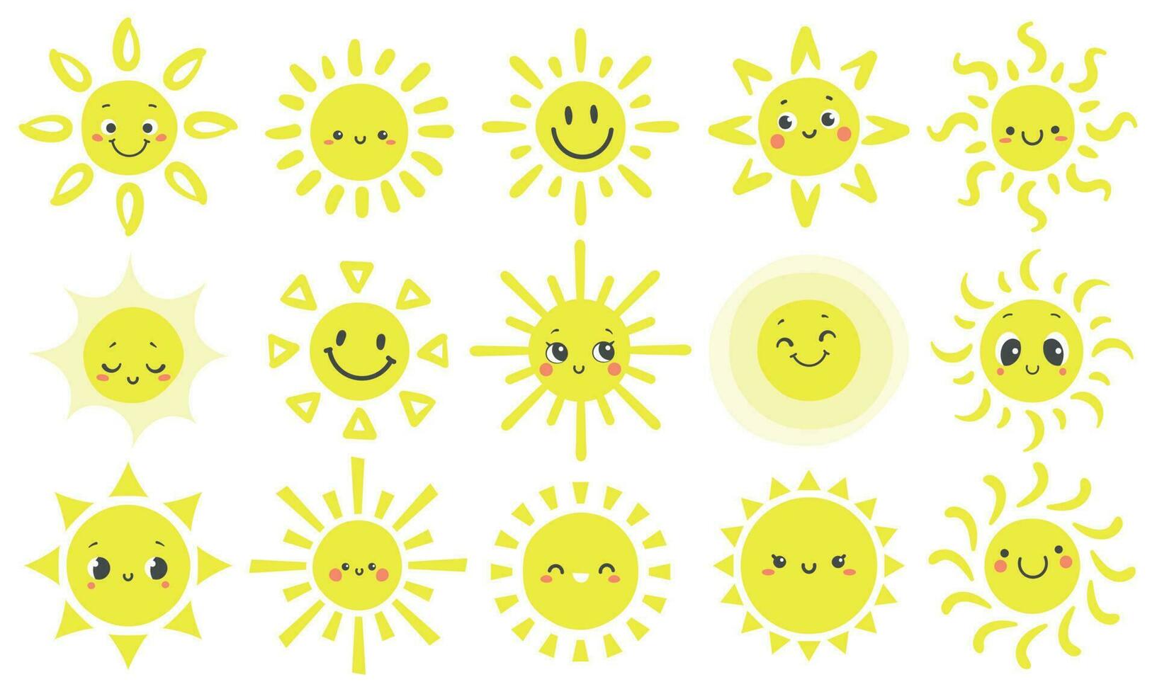 Hand drawn sun. Cute bright suns with funny smiling face, warm shining sunlight and happy day sun cartoon vector illustration set