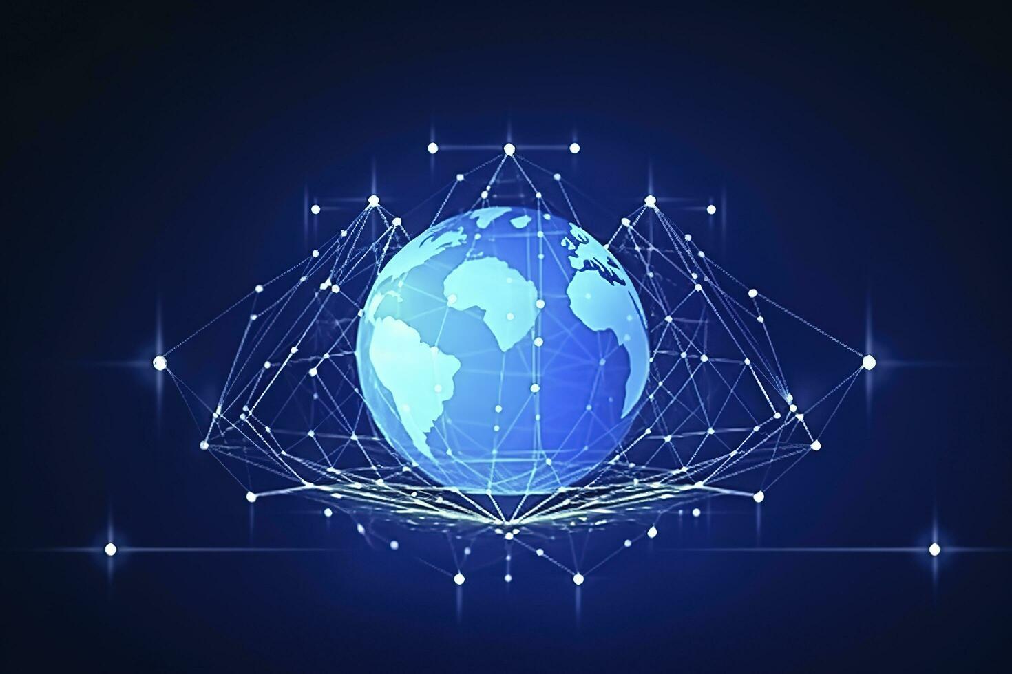 Global network on Earth concept. 3D rendering, World map point. Big data analytics and business concept, world map point and line composition concept of global business, generate ai photo