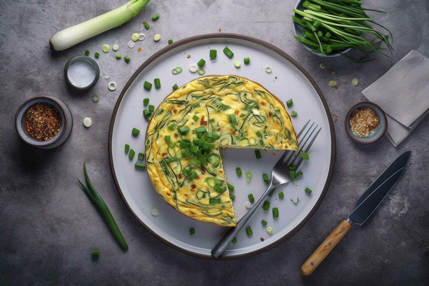 Traditional Italian vegetable frittata with zucchini, spring onion and cheese served as a top view on a Nordic design plate with copy space, generate ai photo