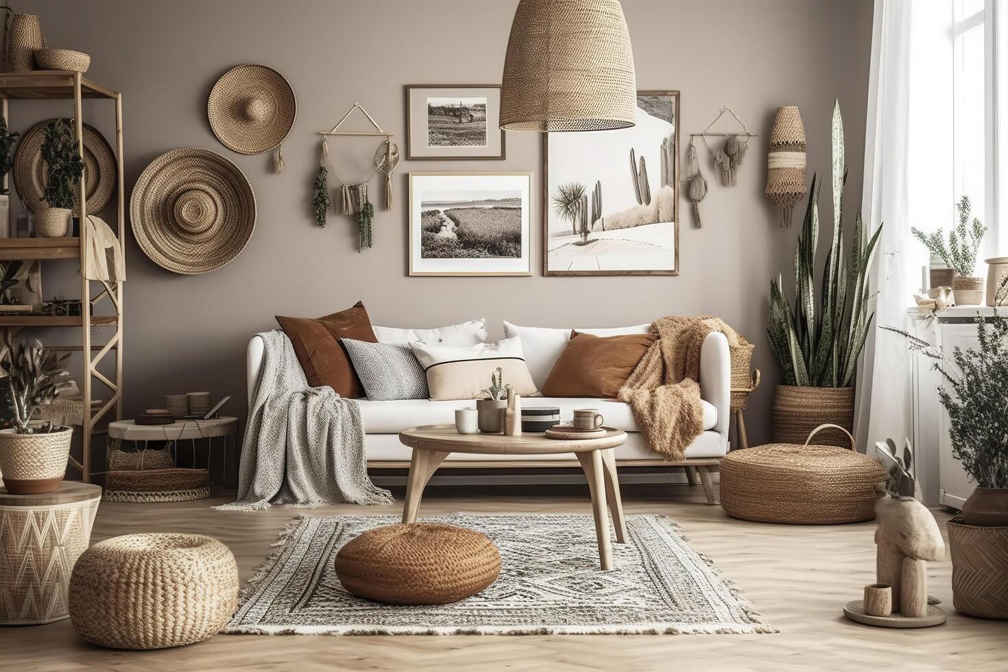 Stylish and modern boho inspired living room with carpet, rattan furniture, pillows, plants, photo wall decoration and personal accessories. Natural home decor, boho room interior, image