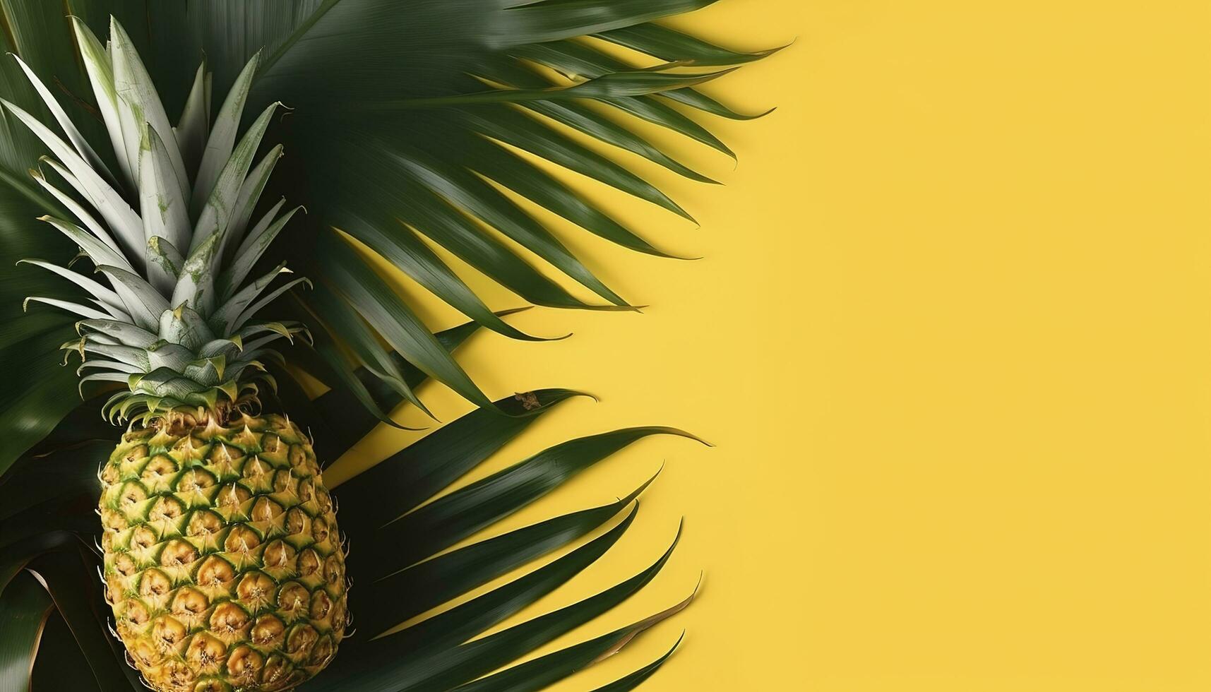 Top view of fresh pineapple with tropical leaves on yellow background , generate ai photo