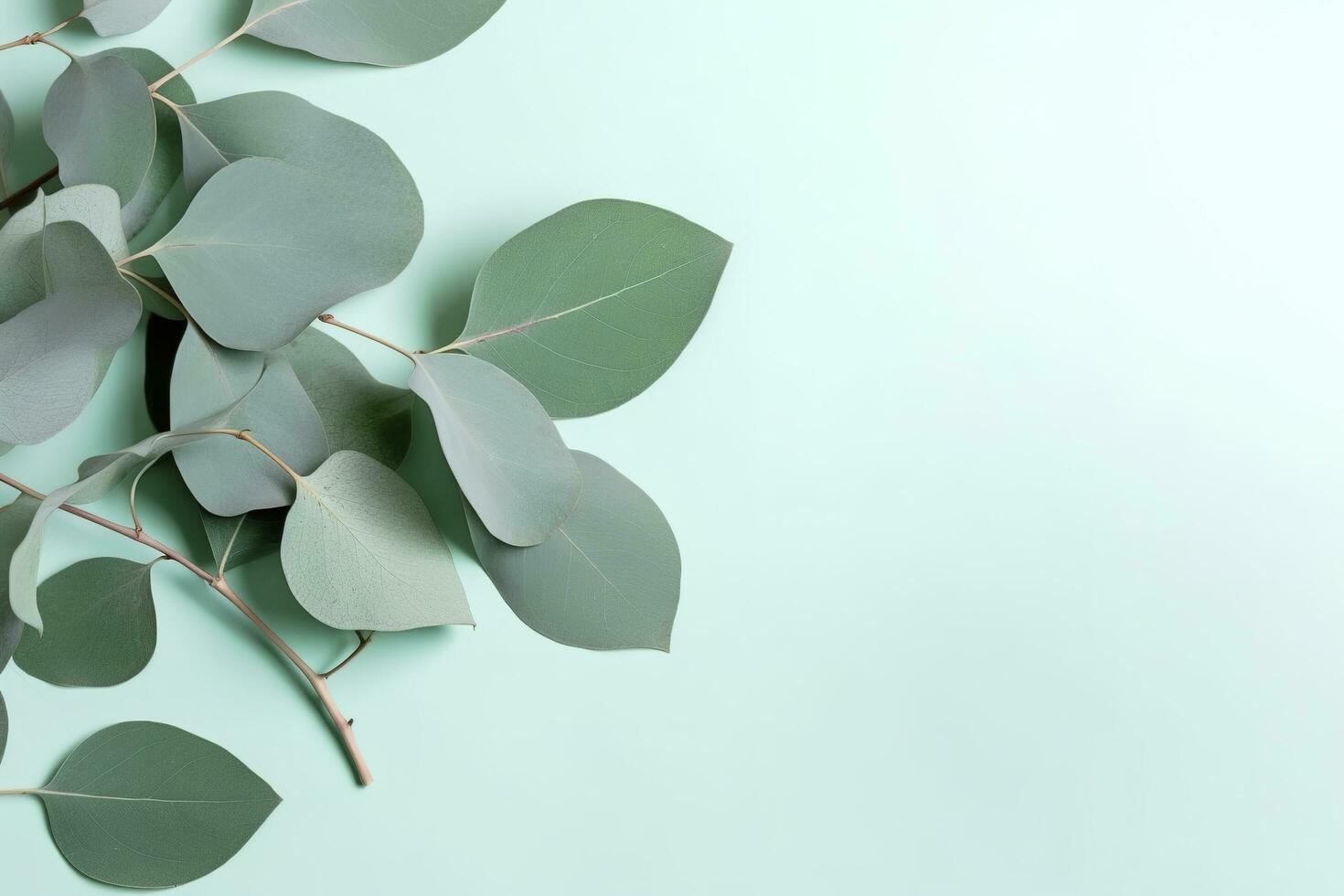 Natural eucalyptus leaves on mint pastel green background. Flat lay floral composition, top view, copy space, generate ai photo