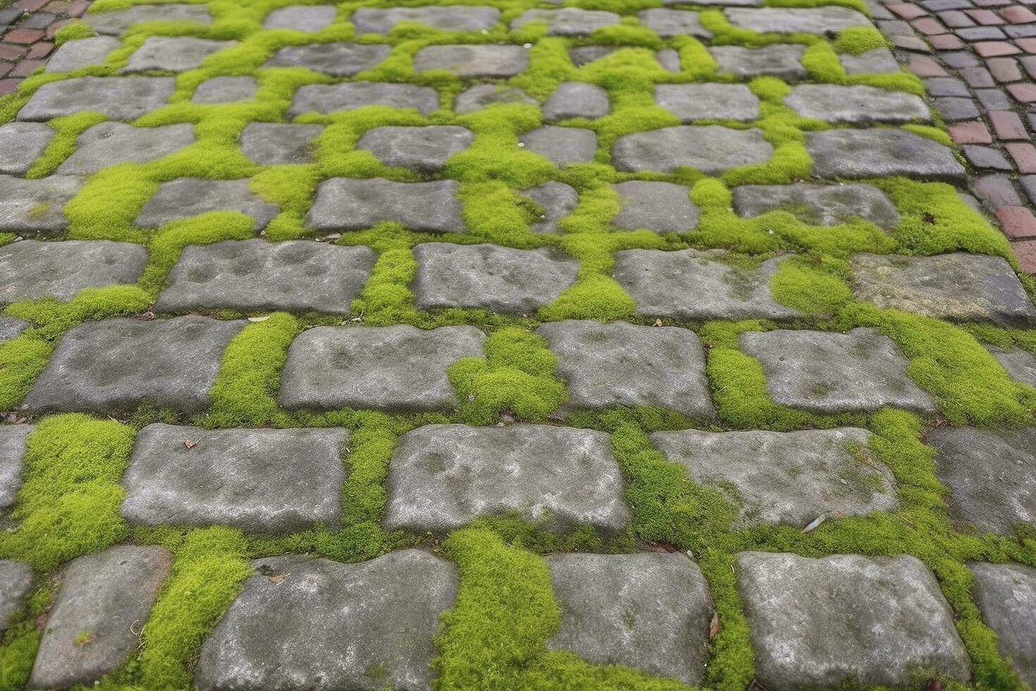 Cobblestoned pavement, green moss between brick background. Old stone pavement texture. Cobbles closeup with green grass in the seams. Stone paved walkway in old town photo