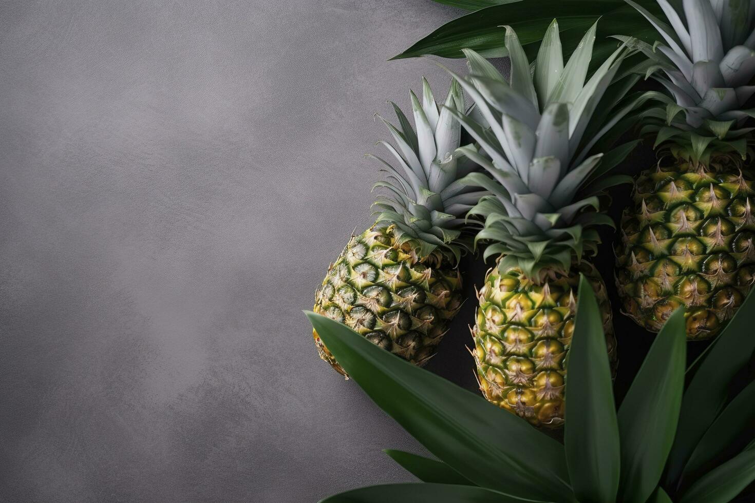 Fresh pineapple with tropical leaves on gray background. , generate ai photo