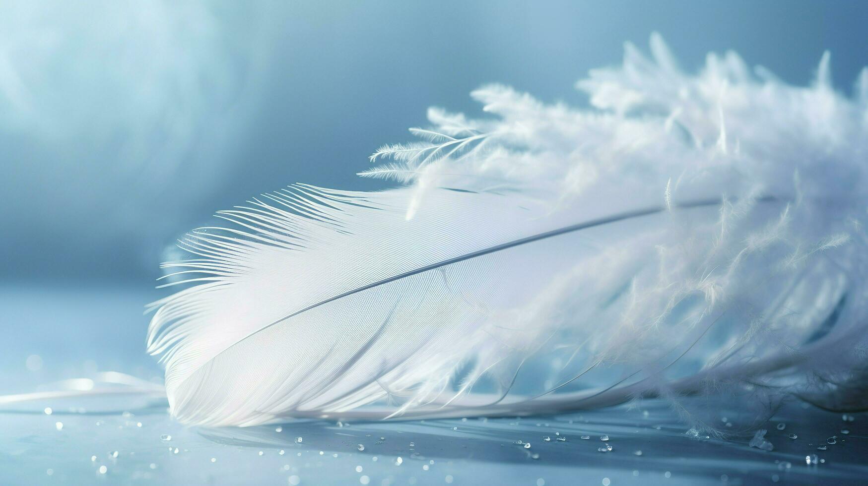 a bright blue background with one white feather, in the style of soft and dreamy pastels, glimmering light effects, nature inspired imagery, fairycore, soft focal points, generate ai photo