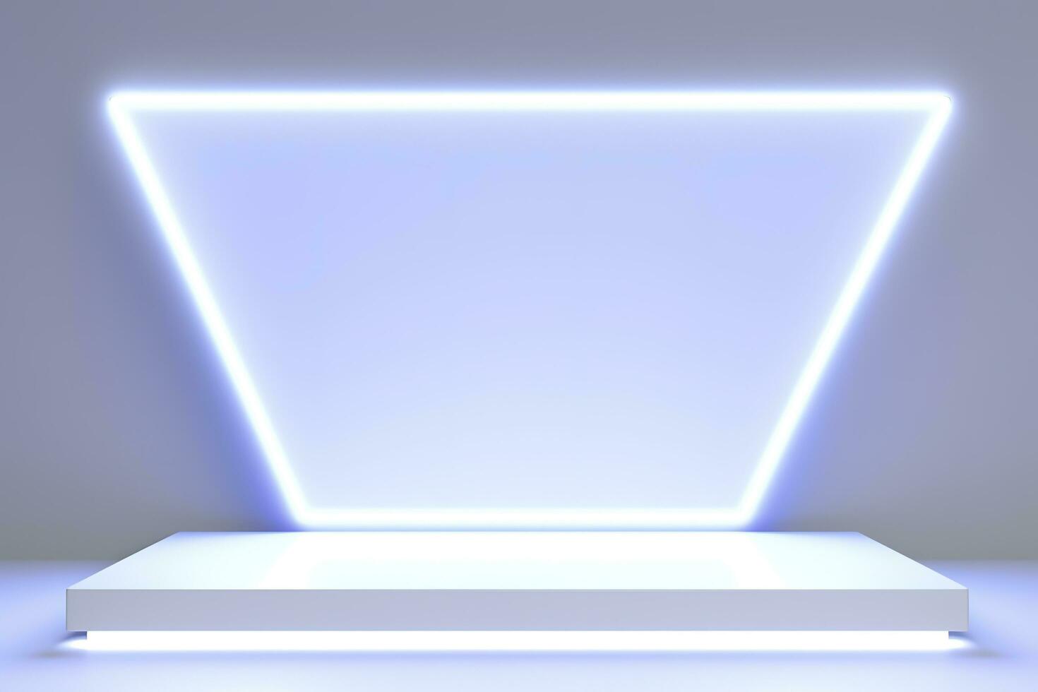 Realistic podium display with neon white lights, Product display background with light frame, White prodium product display with light effect, neon lights background, generate ai photo