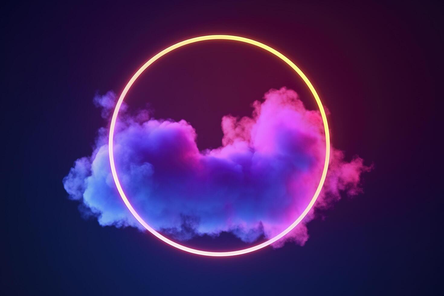 3d render, abstract cloud illuminated with neon light ring on dark night sky. Glowing geometric shape, round frame, generate ai photo
