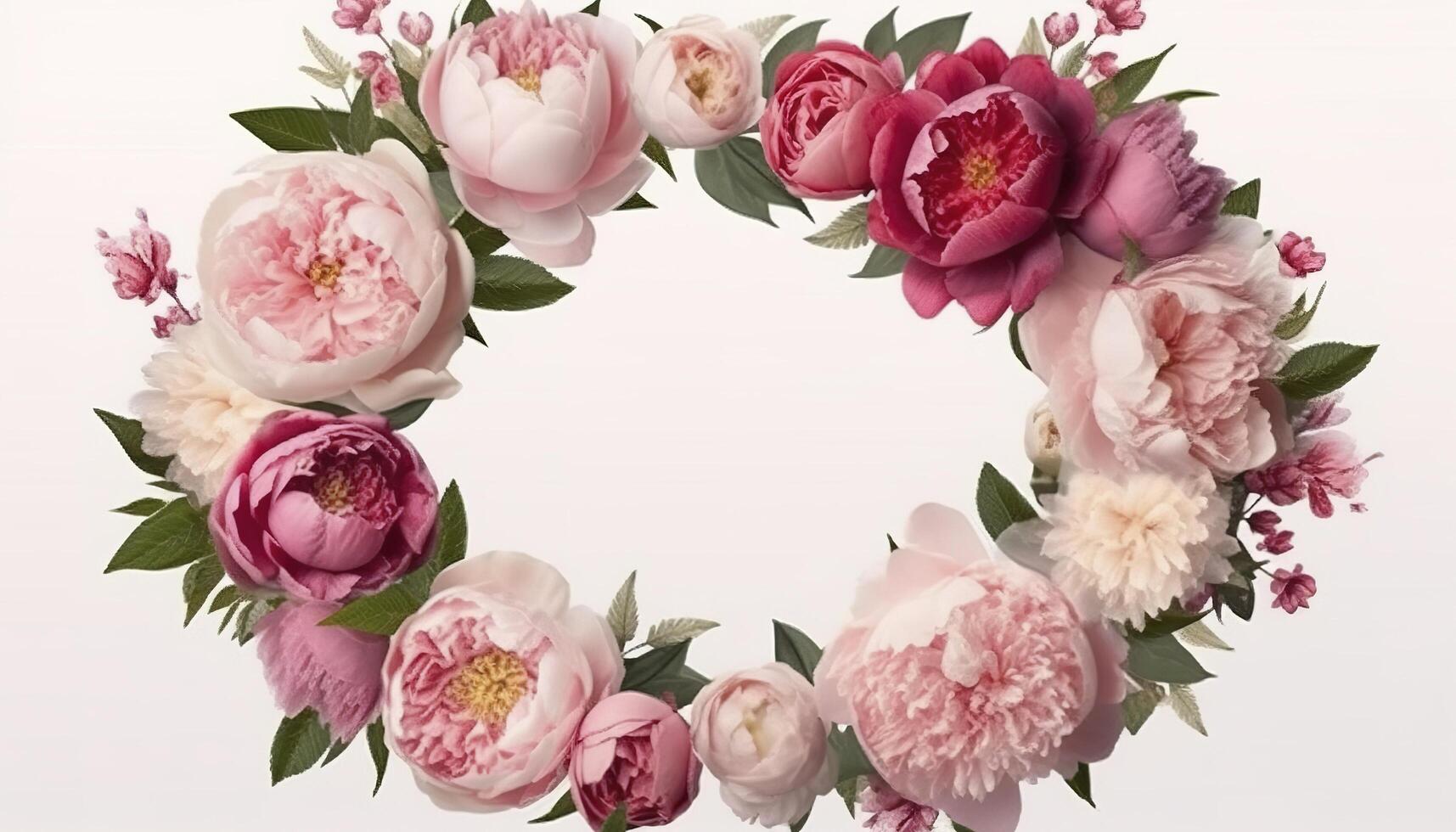 Wreath made of flowers. Floral round frame, wreath made of peonies flower buds and green leaves, botanical design, flat lay, top view, free space for text. image photo