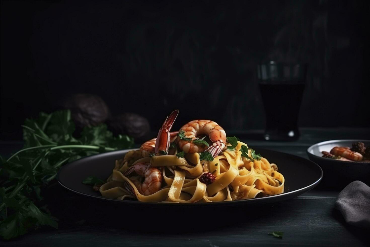 Traditional Italian tagliatelle ai gamberoni pasta with king prawns and herbs served as close-up on a design plate with copy space, generate ai photo