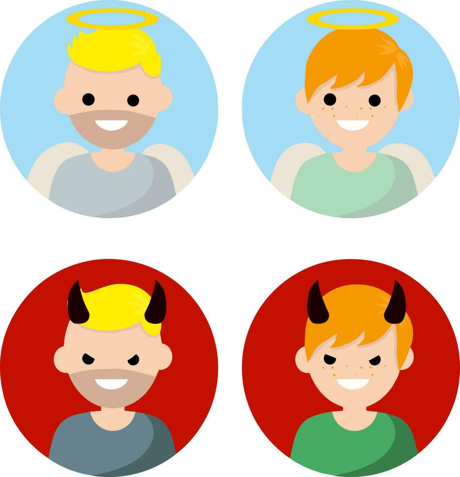 Good and evil. Nice and bad character. Man and boy with halo, wings and horns. Cartoon flat illustration vector