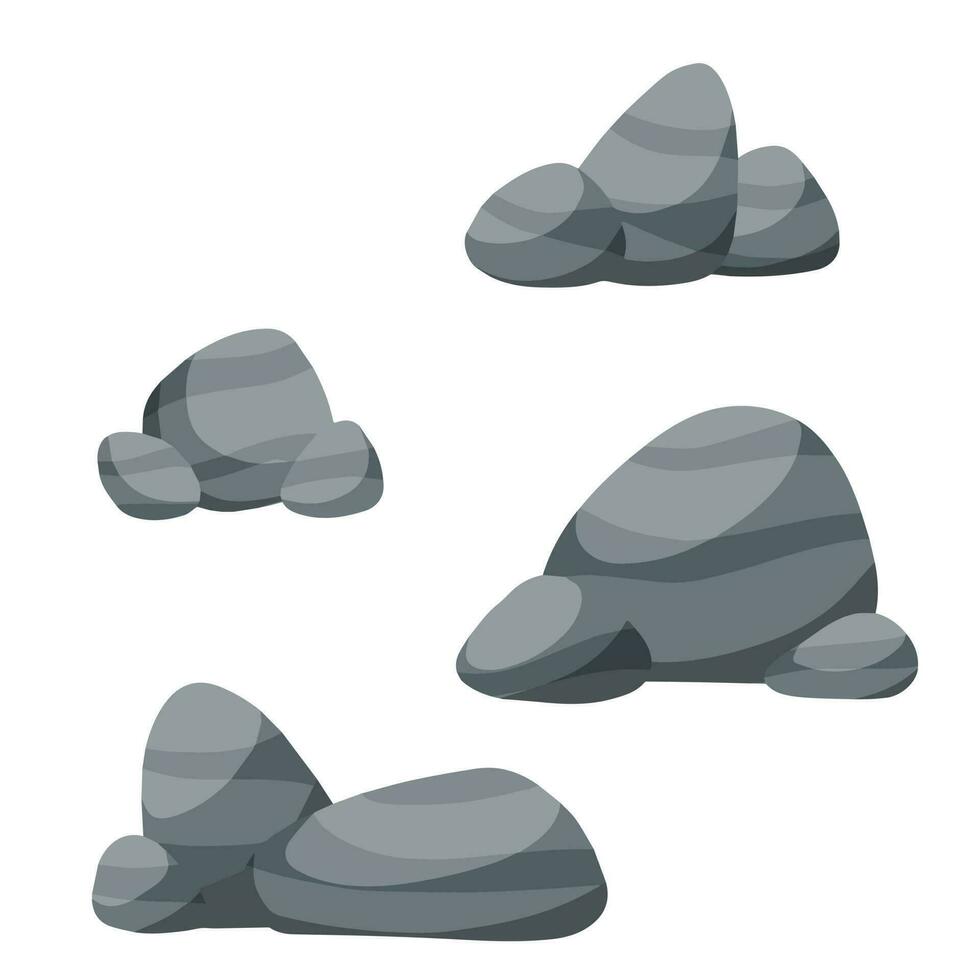 Set of stones. Scenery of nature, forests and mountains. Pile of rubble. Decorative element. Flat cartoon illustration vector