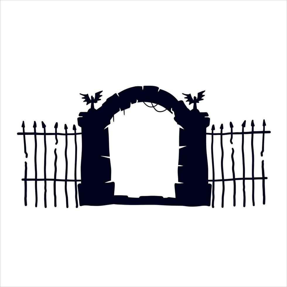 Old fence of cemetery. Halloween decoration. Black silhouette of gloomy wall. Flat illustration isolated on white vector