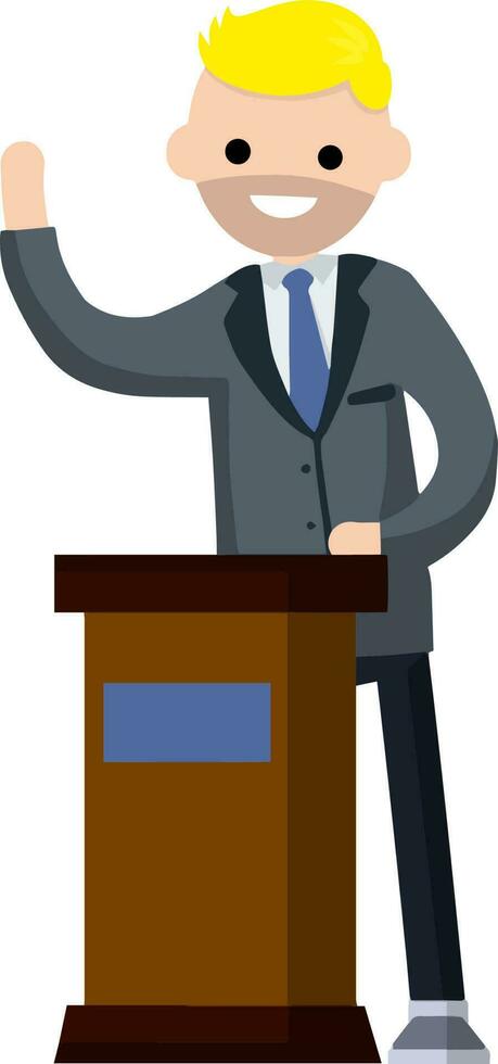 Man in the suit stay behind podium. Presidential election. Political debate. Lecturer in class. The speaker is talking. Dialogue businessman. Cartoon flat illustration vector