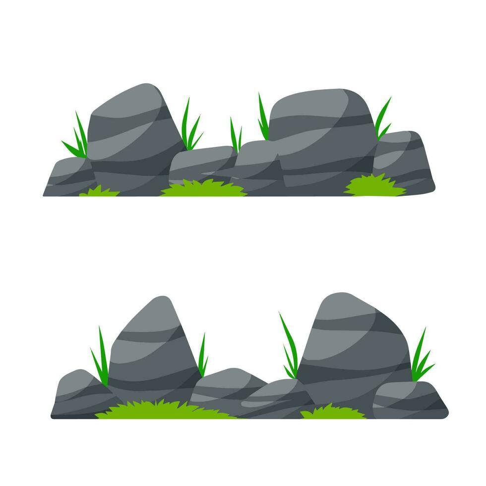 Set of stones. Scenery of nature, forests and mountains. Pile of rubble. Flat cartoon illustration. Decorative element. Grass and green plants vector