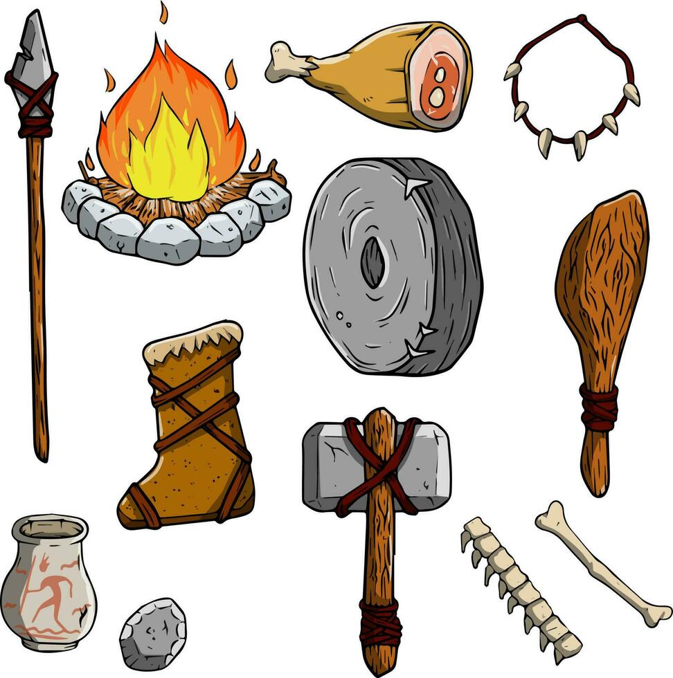 Set of items of primitive man and hunter. Weapons of caveman. Stone age hammer, axe and club. Lifestyle and tool. Cartoon illustration vector