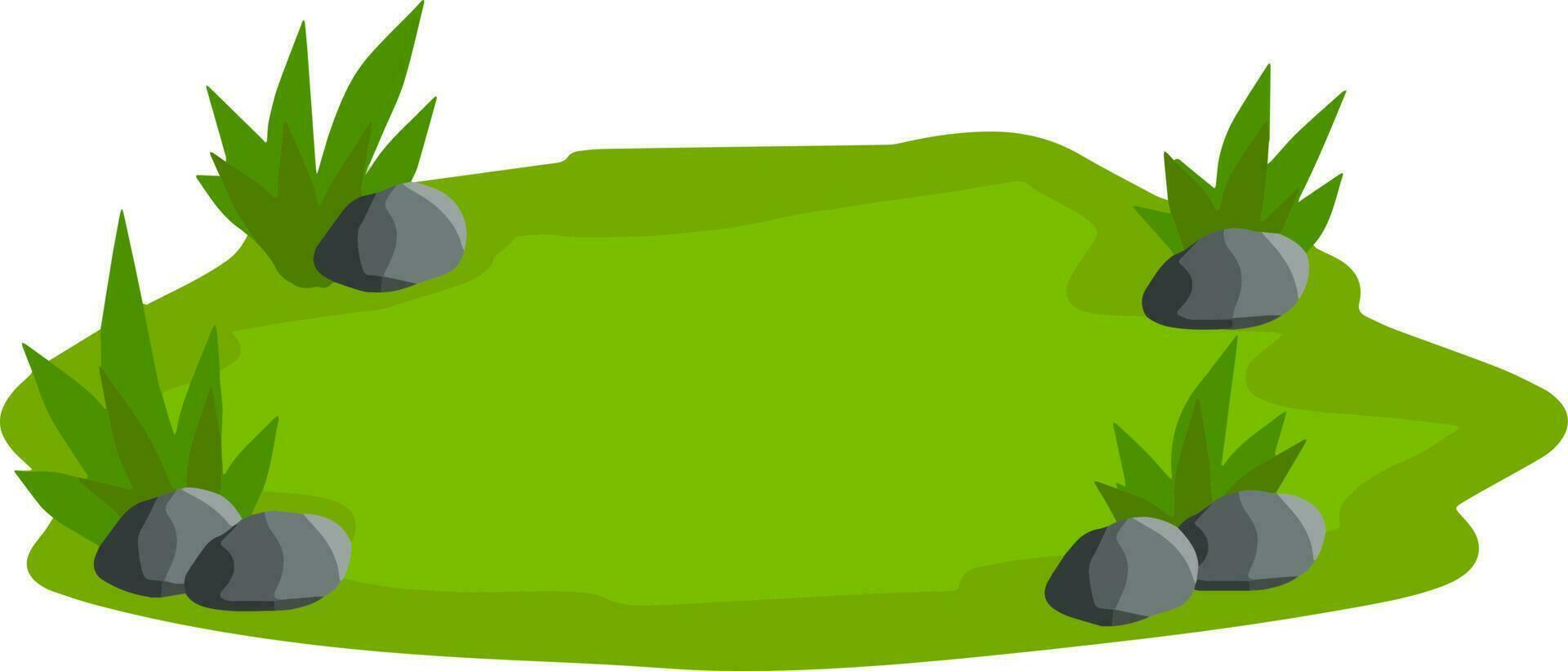 Landscape with grass, stones. Element of nature and forests. Background for illustration. Lawn, sward and greensward. Flat cartoon. Platform and ground vector