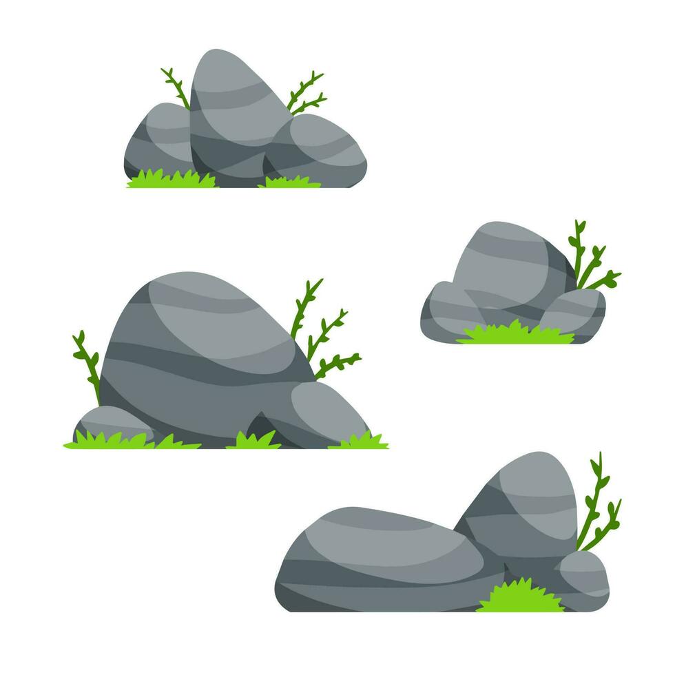 Set of stones. Scenery of nature, forests and mountains. Pile of rubble. Flat cartoon illustration. Decorative element. Grass and green plants vector